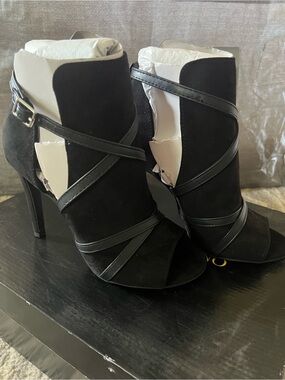 Christian Siriano Black Suede Strappy Peep-Toe High Heel Booties